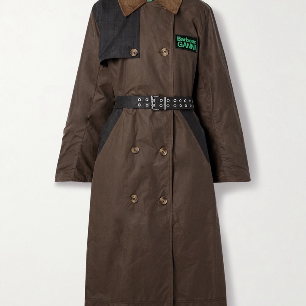 Ganni x Barbour Brown Trench Coat with Belted Waist and Structured Shoulders